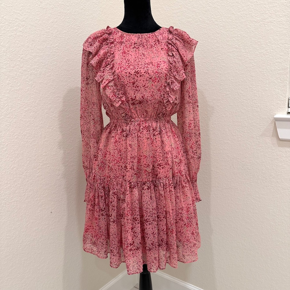 Rachel Parcell Pink Chiffon Ruffle Long Sleeve Sheer Dress Women's XS - Picture 8 of 9